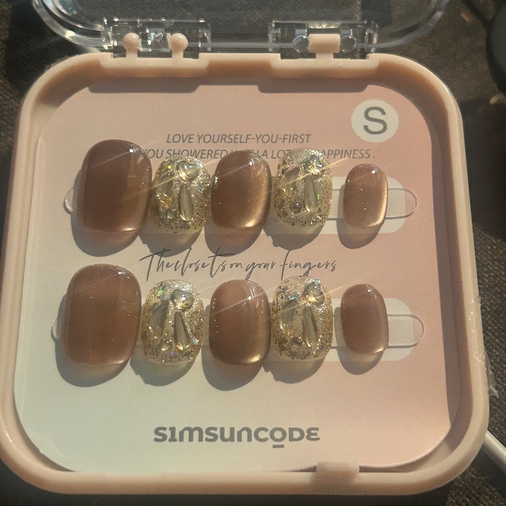 Nail Art Brown and Gold Nails Handmade Set Rhinestone Jewels press on